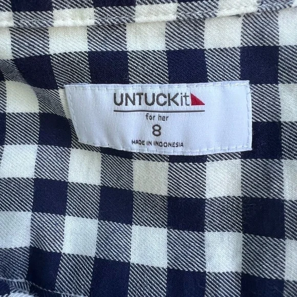 Untuckit Cora Tailored Navy Plaid Cotton Button Down Shirt Womens Size 8 - Picture 5 of 7